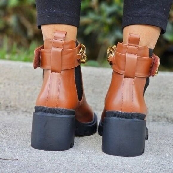 Women's Tan Combat Ankle Boots Heeled Booties - Picture 6 of 6